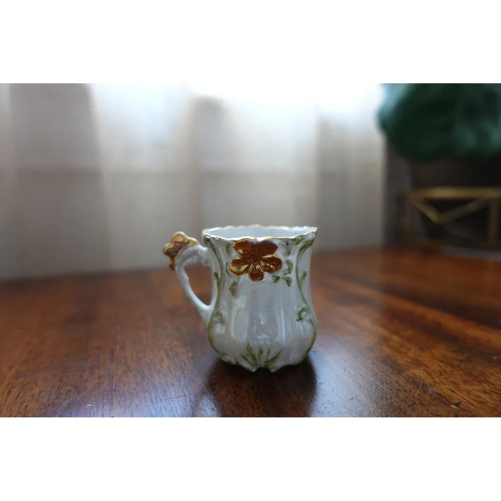 Vintage Miniature Porcelain Demitasse Cup White Gold Shamrock Clover Collectible